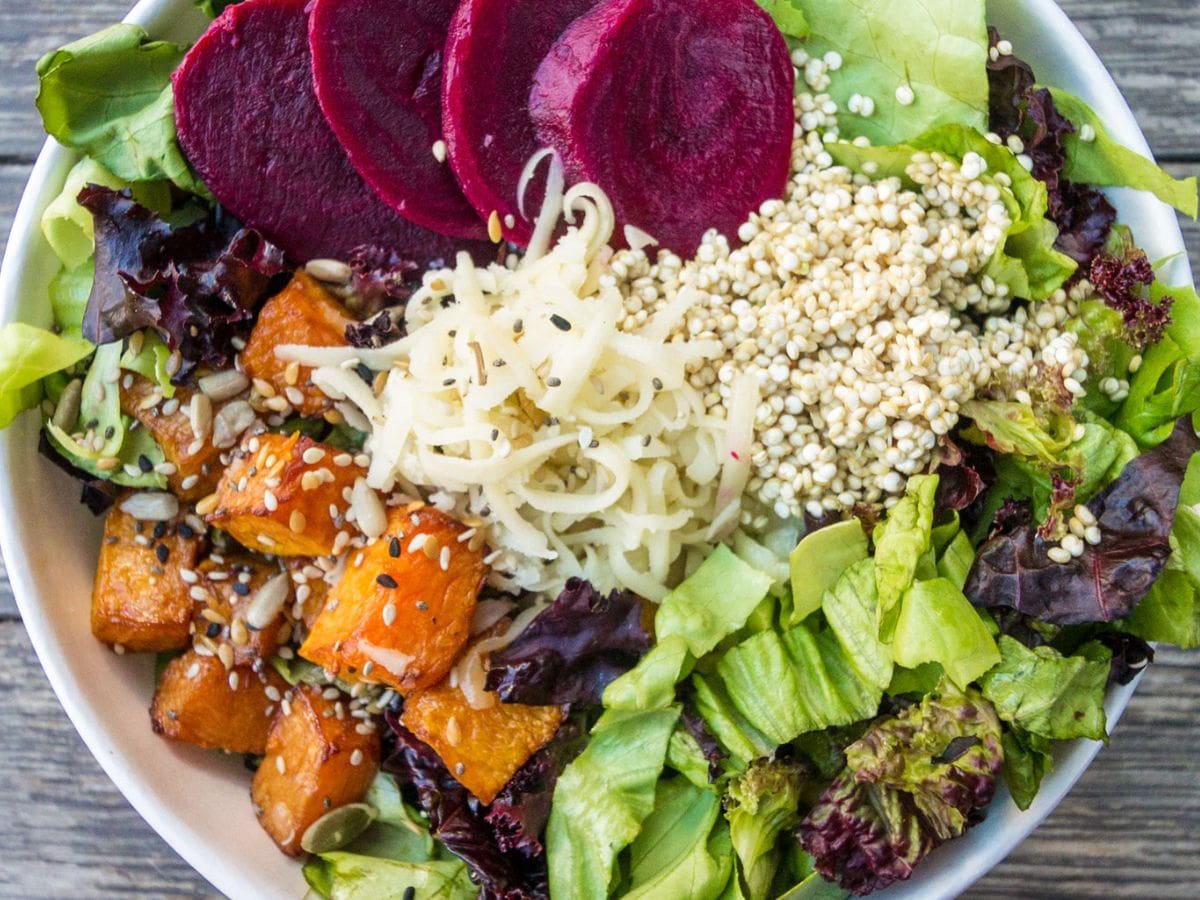 A colorful and protein packed salad fit for a plant-based or vegan tourist